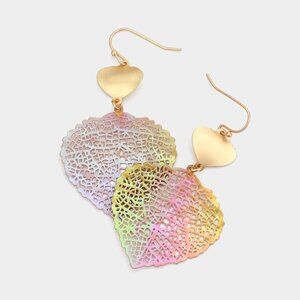NEW Pink Iridescent Leaf Metal Filigree Dangle Earrings